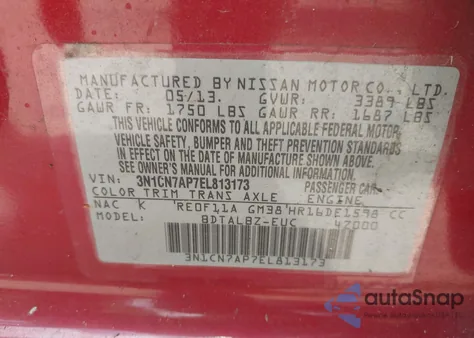 2014 Nissan Versa 1.6 Sv из США, поврежденный, VIN 3N1CN7AP7EL813173